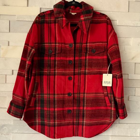 ANA NWT Wool Plaid Button Front Slouchy Pocket Shirt Jacket Shacket PM Red Black - Picture 1 of 5